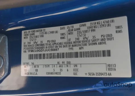 2018 Ford Escape Se from USA, damaged, VIN 1FMCU9GD1JUC56667